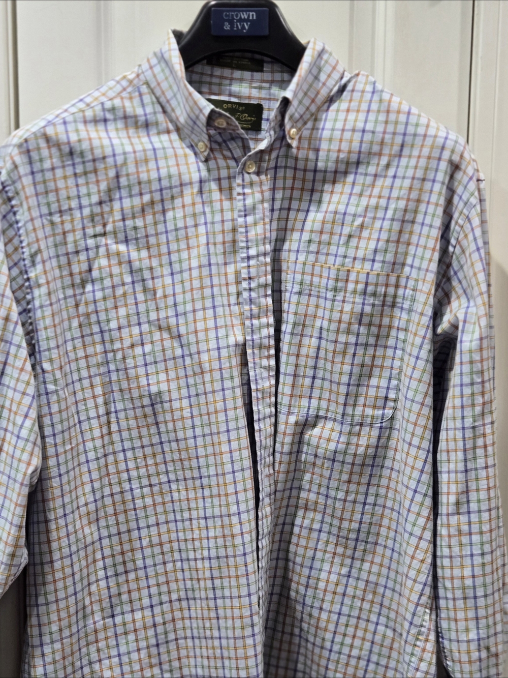 Orvis White Button-Down Shirt with Blue, Green and Brown Plaid